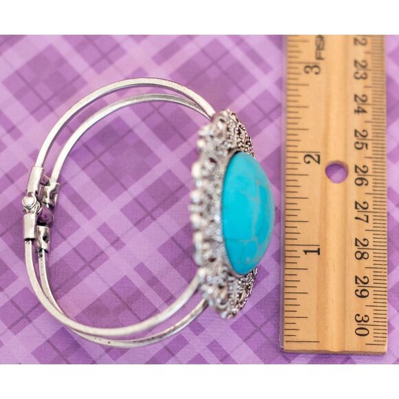 Vintage Art Nouveau Art Nouveau Floral Circle Blue Bead Hinged Bangle 7 1/2 inch - Picture 4 of 4